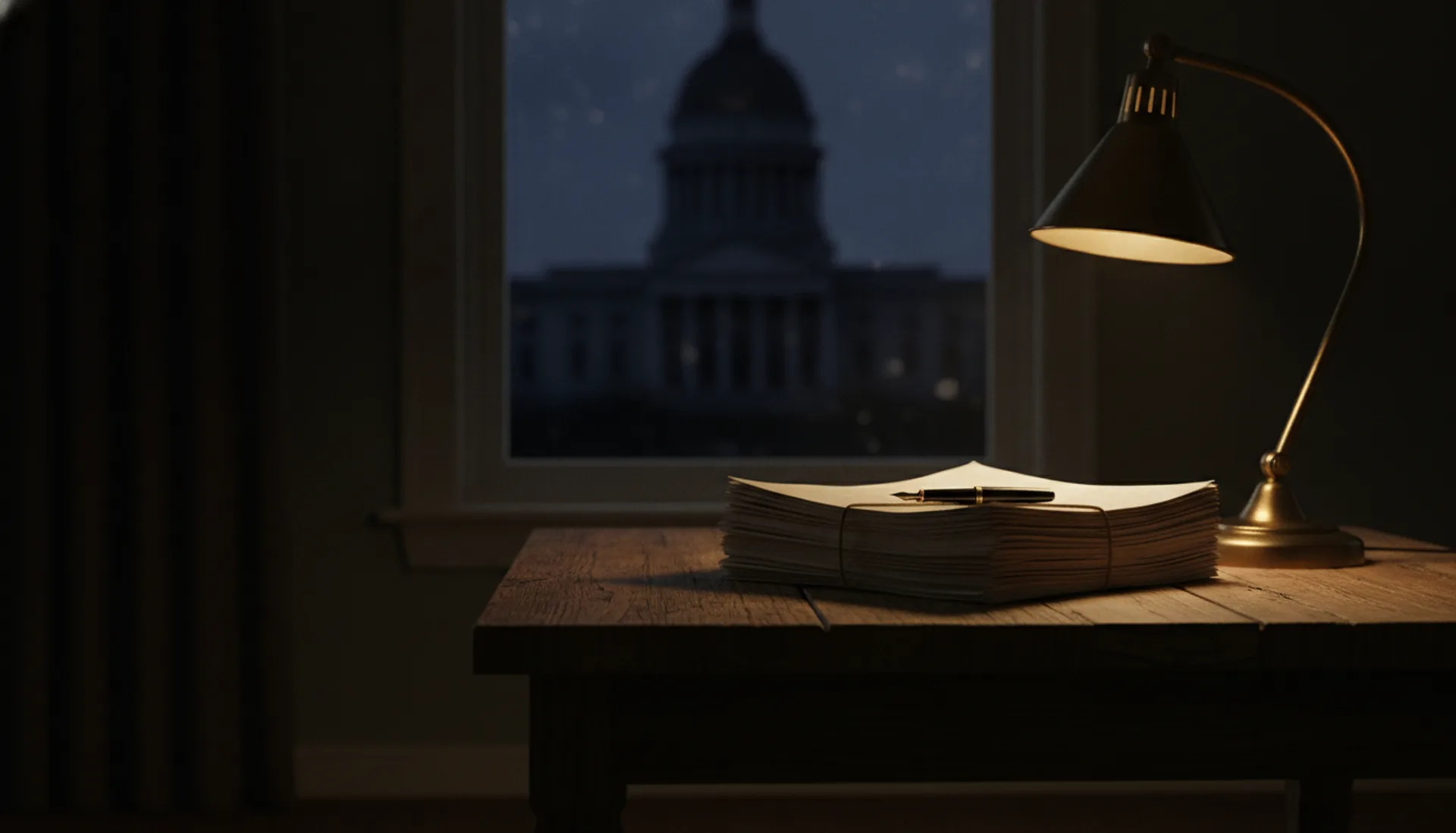 A stack of legal documents under a warm desk lamp, a courthouse visible through the window beyond — AI-generated illustration