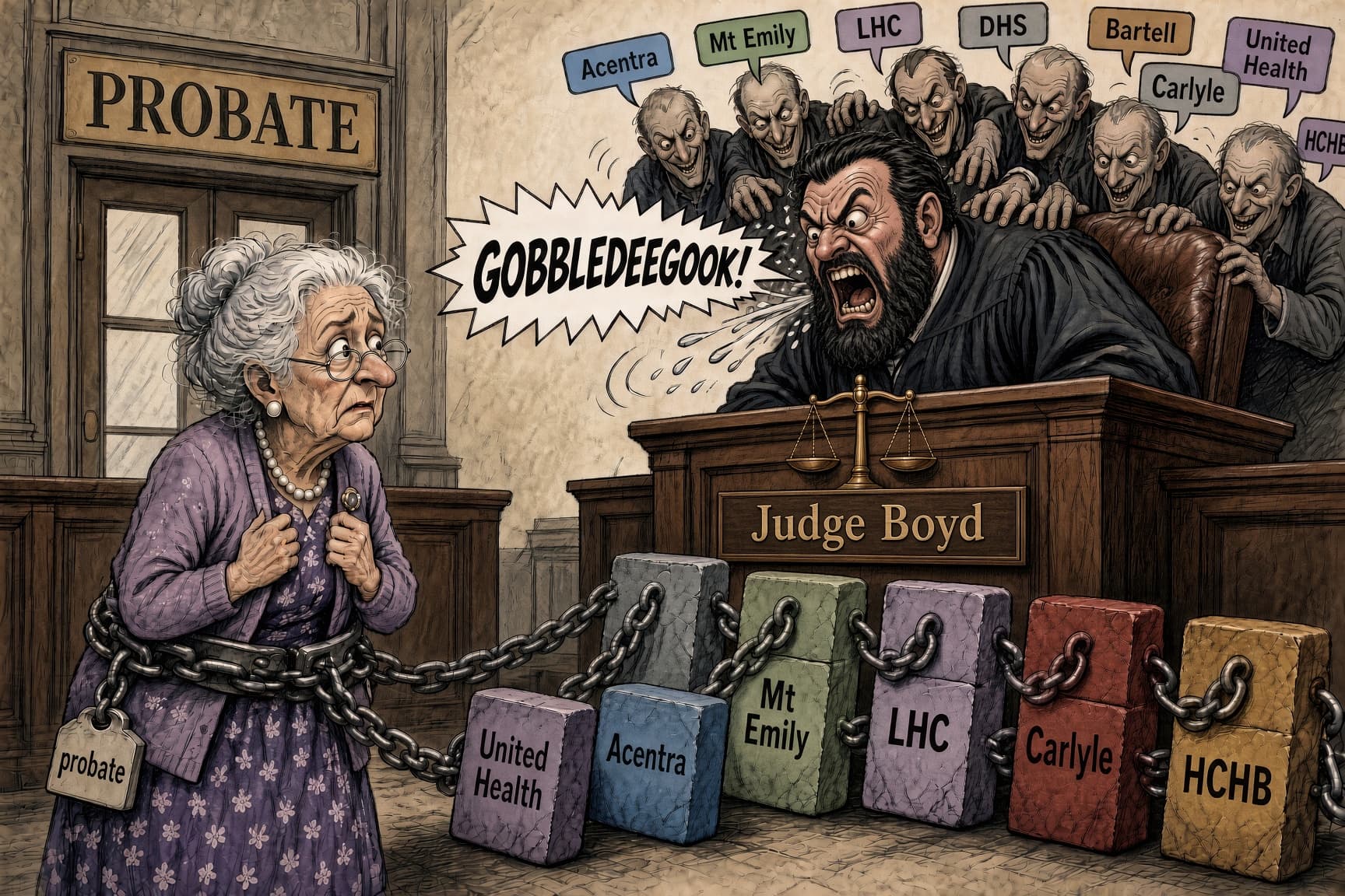AI-generated editorial illustration: a caricature of Judge Boyd addressing a widow beside a probate door, with institutional labels and chains symbolizing the article’s criticism.