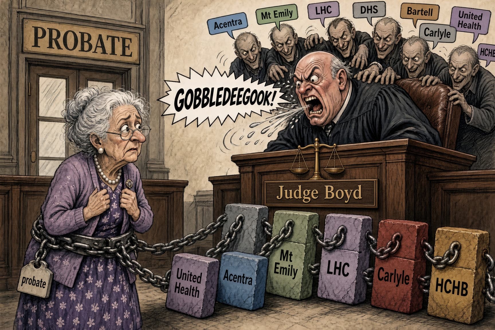 AI-generated editorial illustration: a caricature of Judge Boyd addressing a widow beside a probate door, with institutional labels and chains symbolizing the article’s criticism.