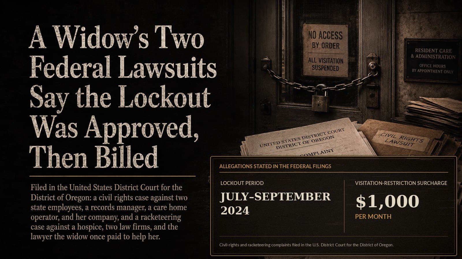 Article card: a chained and padlocked care home door posted with No Access and All Visitation Suspended notices, beside filed federal court complaints and a stat panel of allegations stated in the federal filings -- lockout period July-September 2024, visitation-restriction surcharge $1,000 per month -- AI-generated editorial illustration