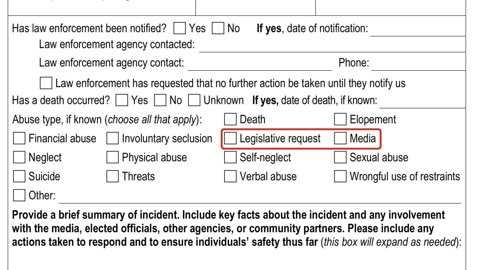 Oregon DHS Report of Serious Event form APD 0307: under the heading Abuse type, the check boxes Legislative request and Media, outlined in red
