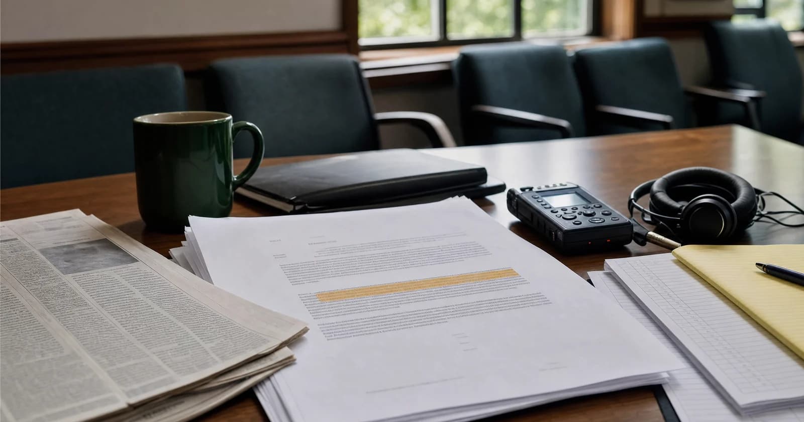 Official records, local newspapers, an audio recorder, and data notes arranged on a county meeting-room table. AI-generated editorial illustration created with Higgsfield.