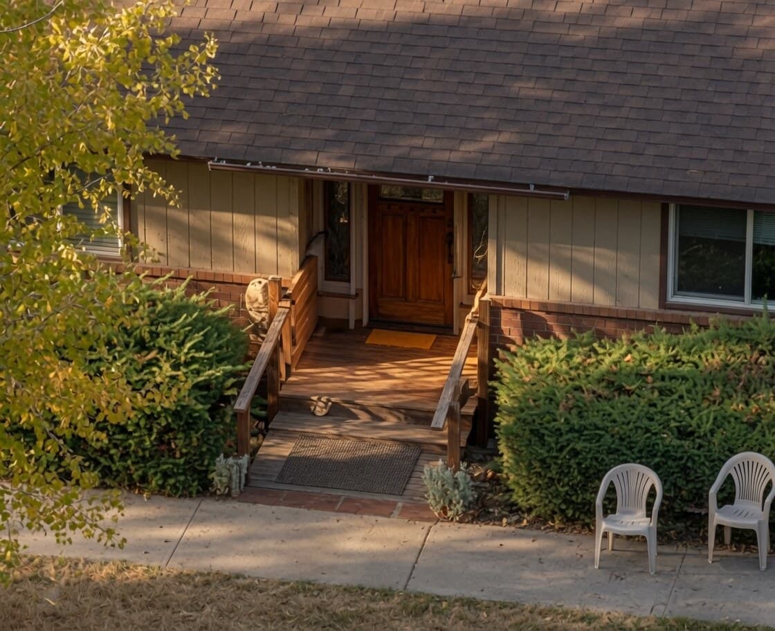 The front porch and door of Nadine's Nest adult foster home, seen from the street