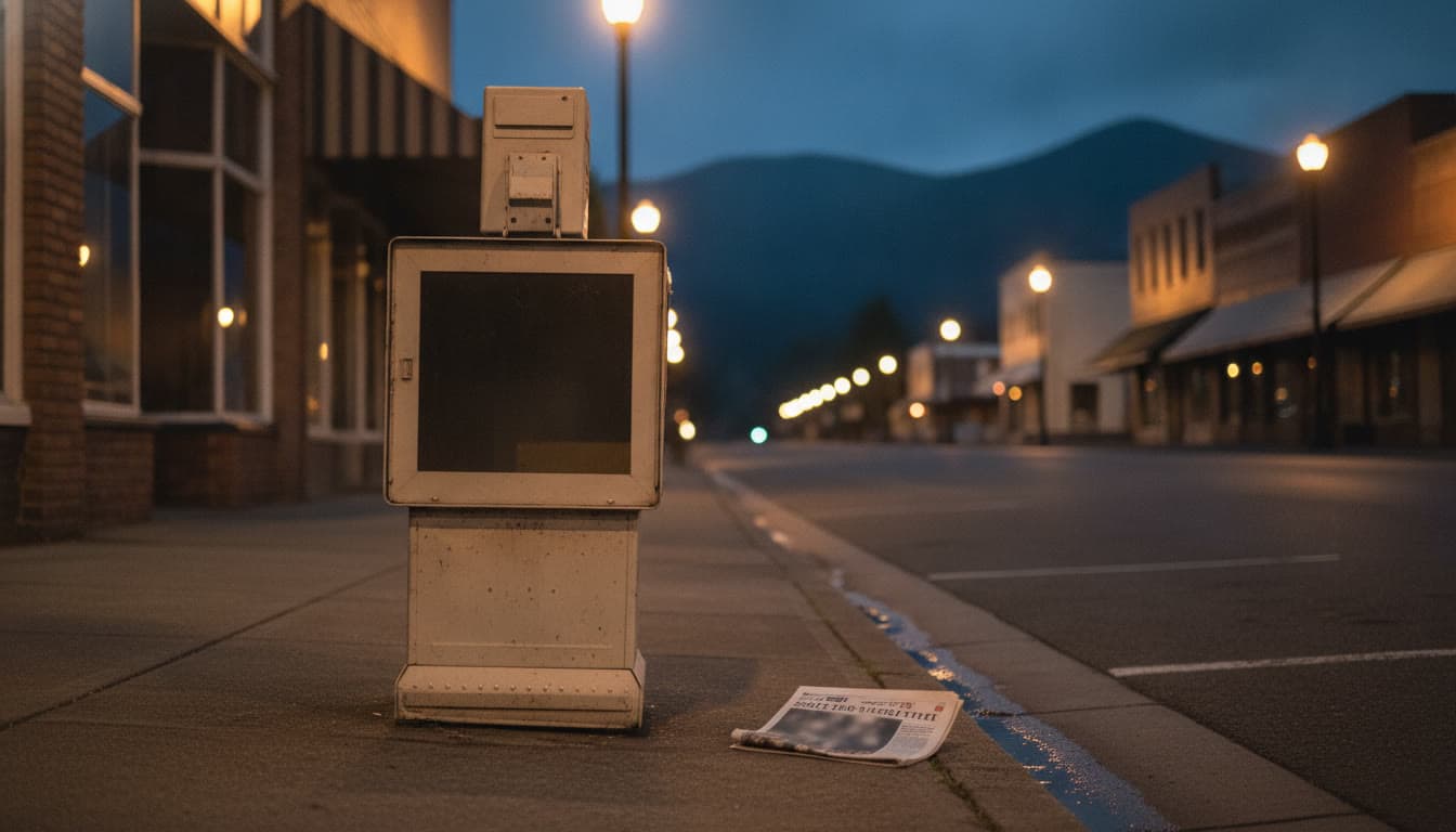 An empty newspaper vending box on a small-town Oregon main street at dusk -- AI-generated editorial illustration
