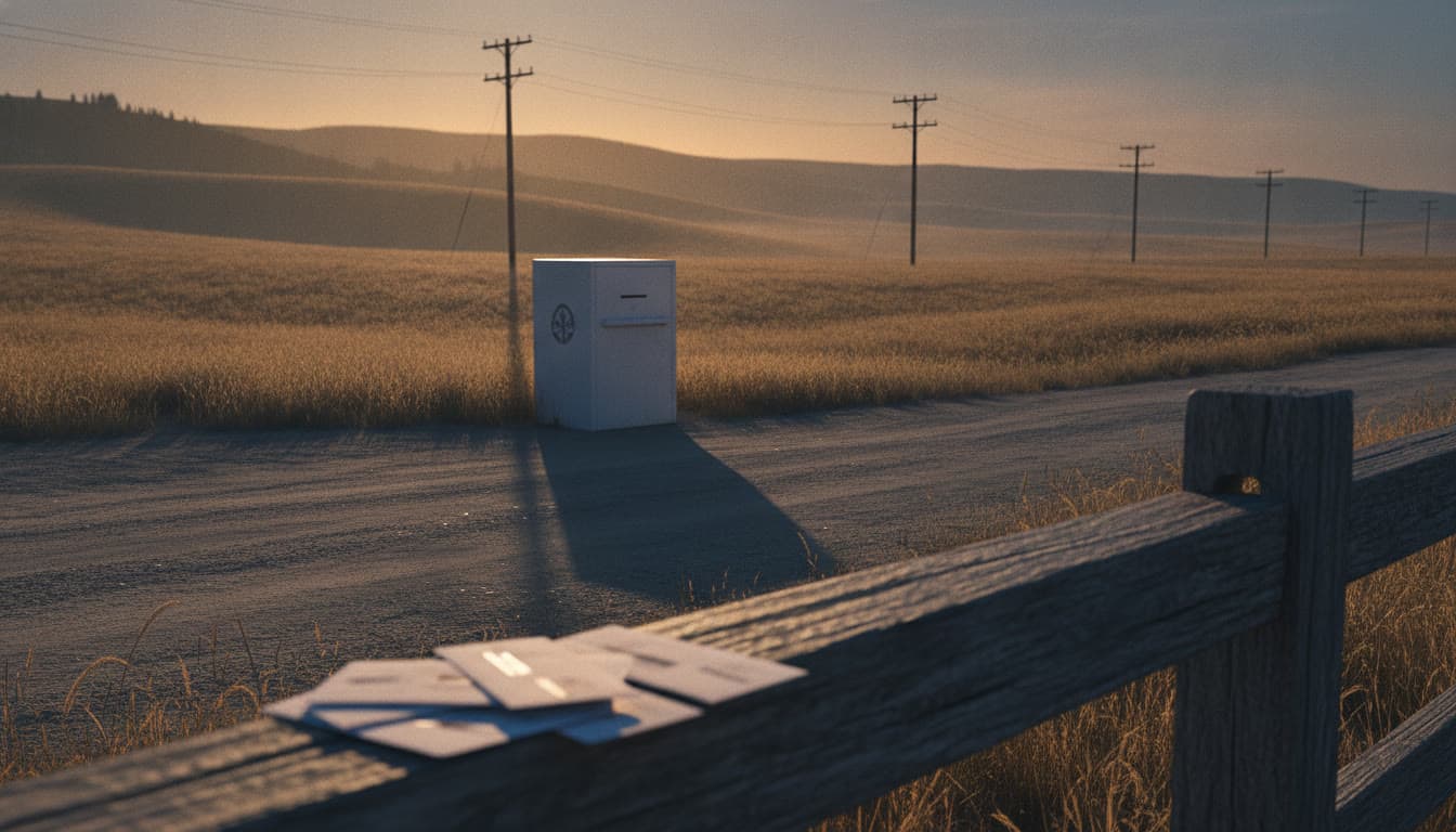 A ballot drop box on a rural Eastern Oregon road at golden hour, mail ballots resting on a fence rail -- AI-generated editorial illustration