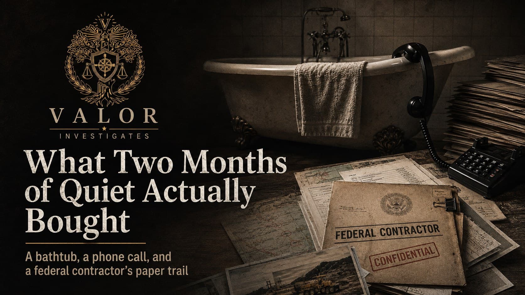 Article card: a clawfoot bathtub with a towel over its rim, an off-hook telephone handset, and a paper folder stamped Federal Contractor Confidential -- AI-generated editorial illustration